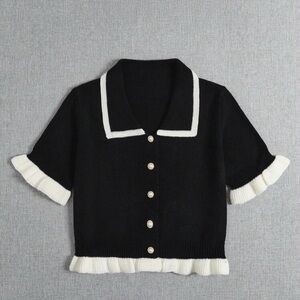 SHEIN Plus Contrast Trim Frill Trim Cardigan